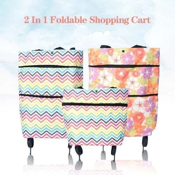 🏆Foldable Shopping Bag with Wheels, 2-in-1 Foldable Shopping Cart, Waterproof Rolling Grocery Tote with Sturdy Handle