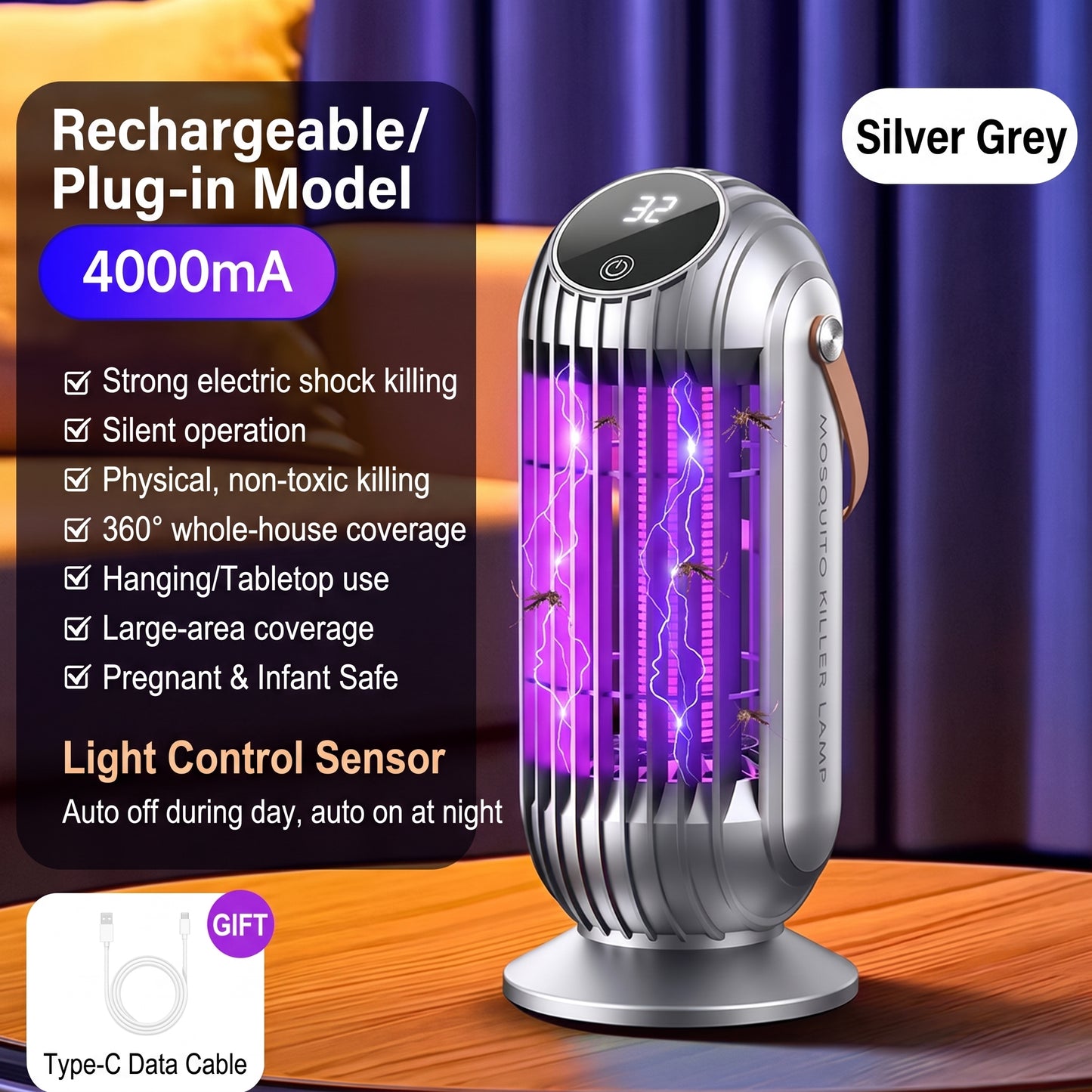 ⚡⚡Portable Dual-Sided UV Mosquito Killer Lamp with CO₂ Attraction, 4000mAh Rechargeable Battery, USB Type-C Charging, Dusk-to-Dawn Sensor for Indoor & Outdoor Use, Patios, Bedrooms and Camping