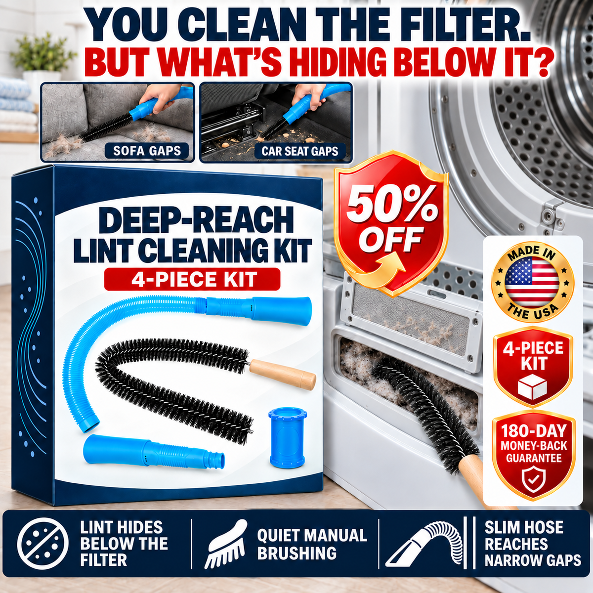 🧹 Deep-Reach Cleaning Kit | Brush & Vacuum Hose for Hidden Lint, Hair & Tight Gaps