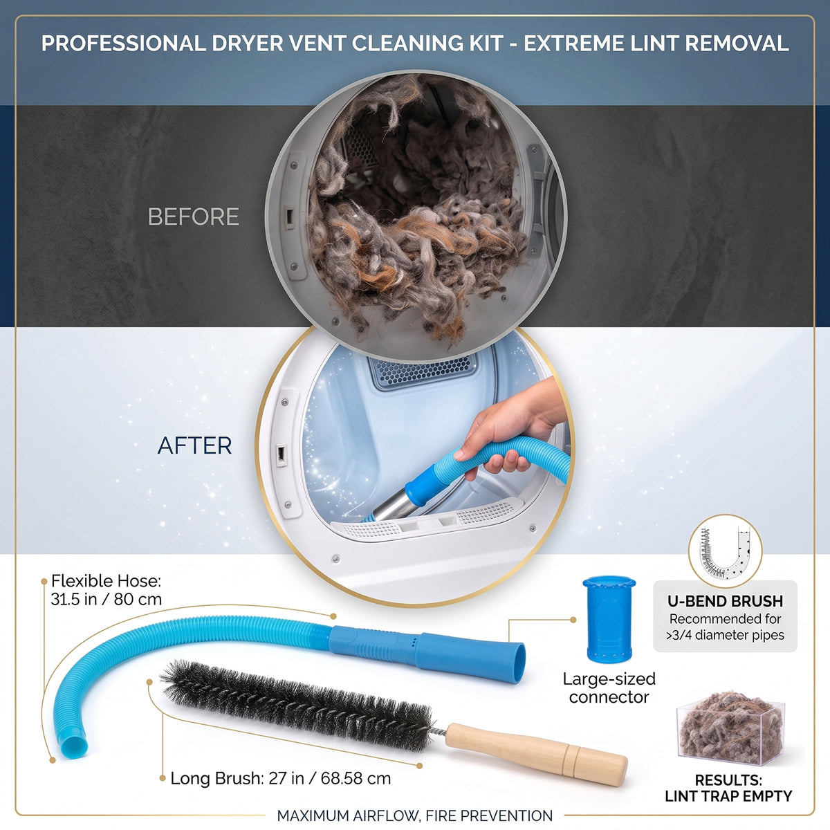 🧹 Deep-Reach Cleaning Kit | Brush & Vacuum Hose for Hidden Lint, Hair & Tight Gaps