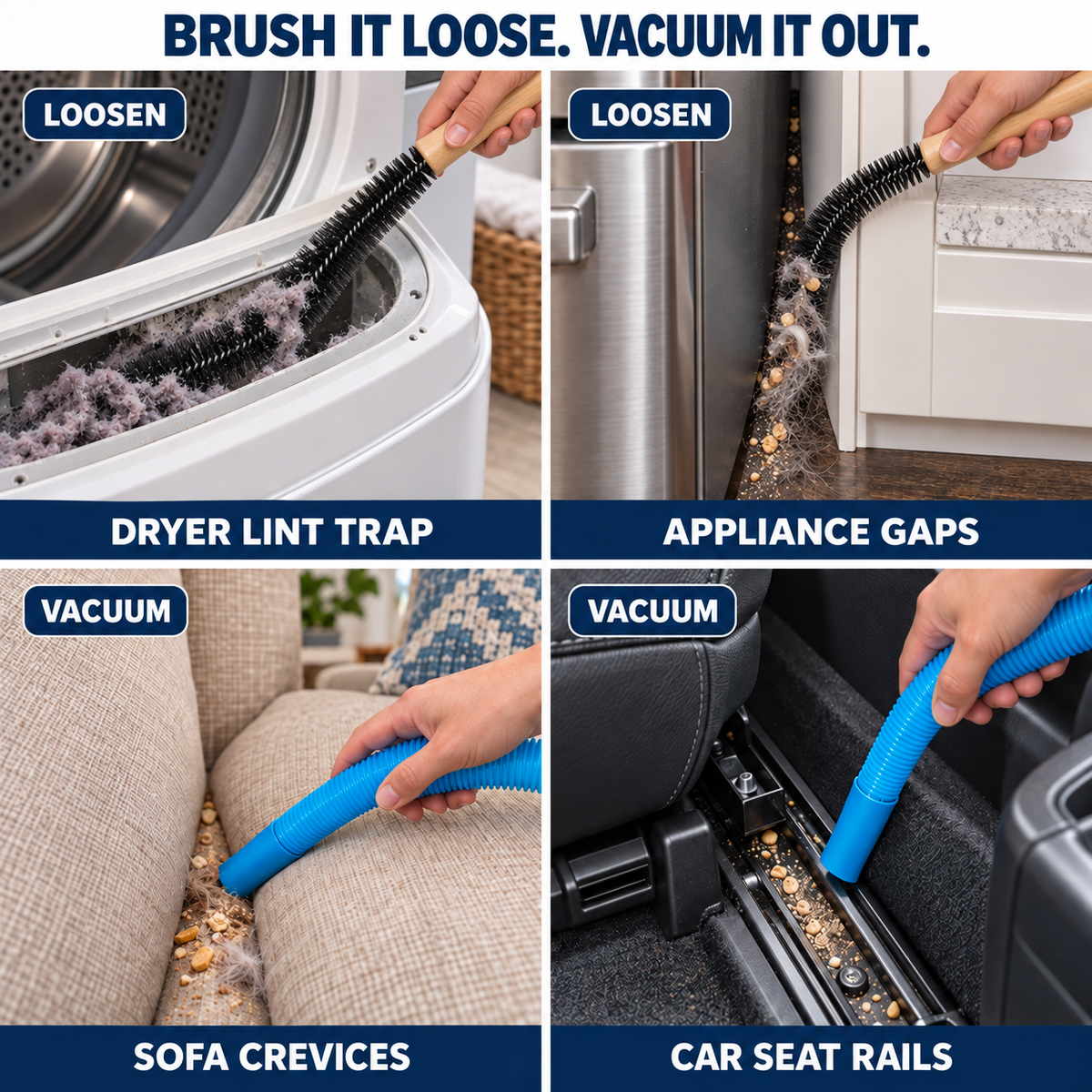 🧹 Deep-Reach Cleaning Kit | Brush & Vacuum Hose for Hidden Lint, Hair & Tight Gaps