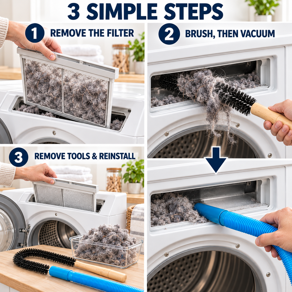 🧹 Deep-Reach Cleaning Kit | Brush & Vacuum Hose for Hidden Lint, Hair & Tight Gaps