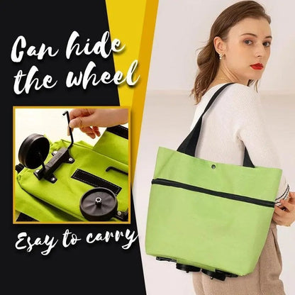 🏆Foldable Shopping Bag with Wheels, 2-in-1 Foldable Shopping Cart, Waterproof Rolling Grocery Tote with Sturdy Handle
