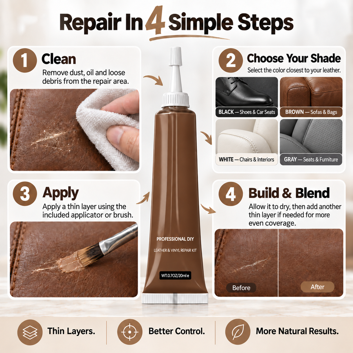 Leather & Vinyl Repair Color Kit – Restore Worn, Faded & Scuffed Surfaces
