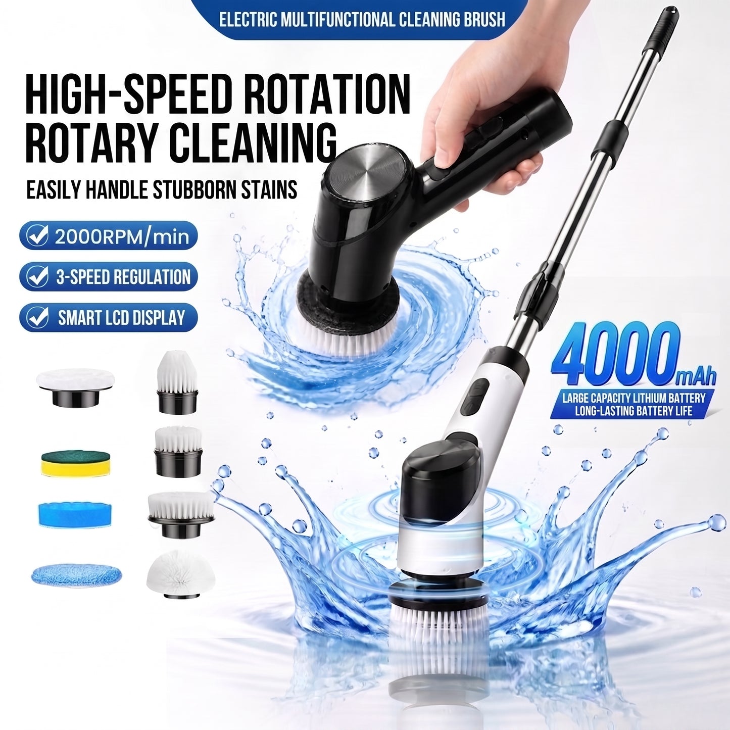 9-in-1 Electric Spin Scrubber with Telescopic Handle,Suitable for cleaning bathrooms, floors, bathtubs, tiles and gaps.